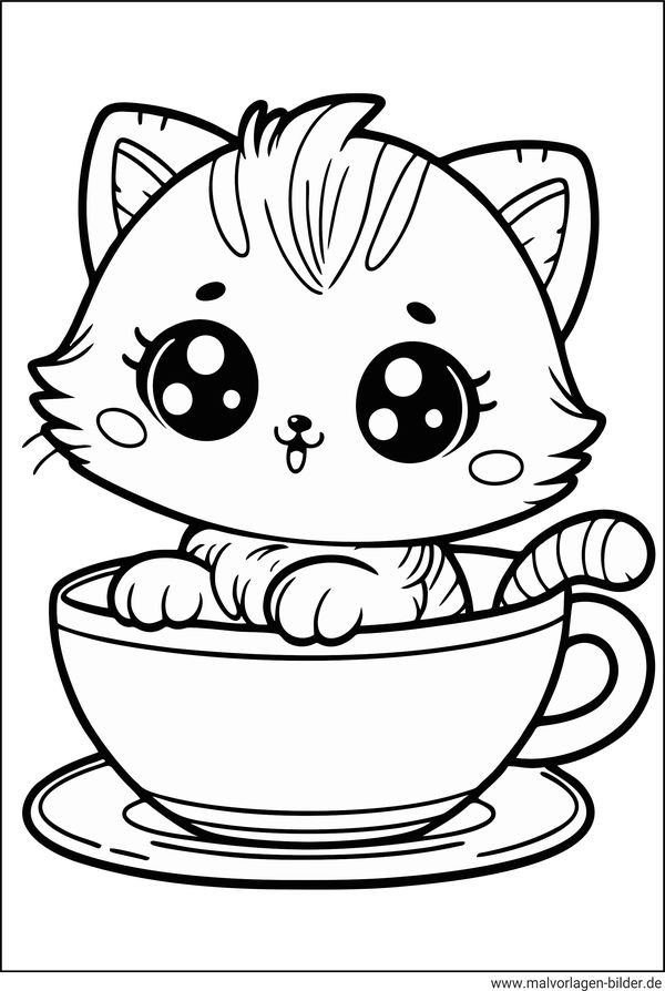 Ausmalbild Katze sitzt in einer Tasse