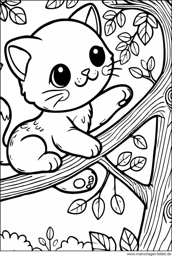 Katze klettert auf einen Baum Ausmalbild