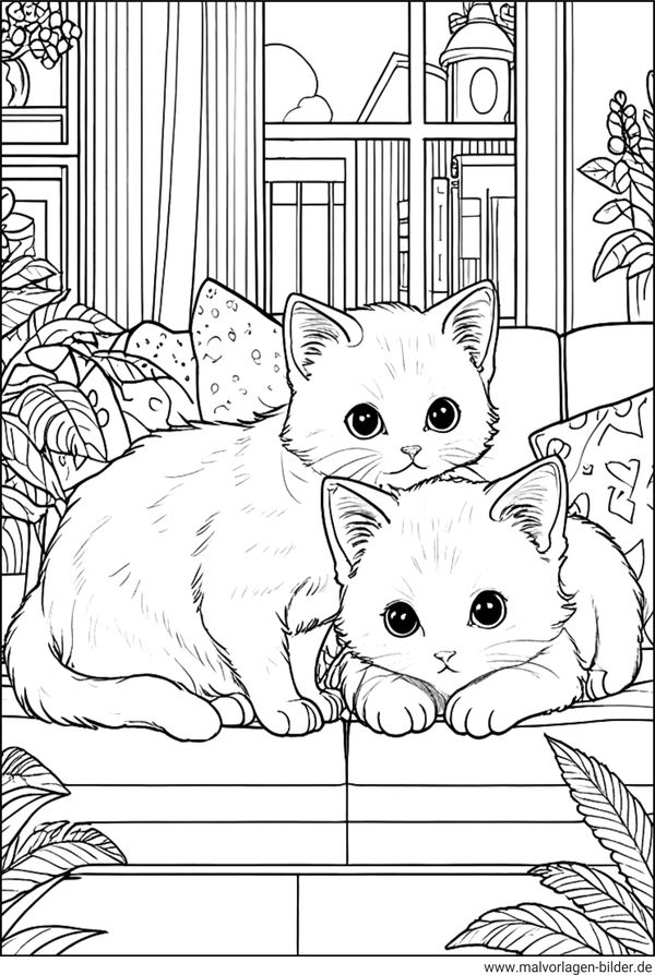 Katzen im Haus Ausmalbild für Erwachsene