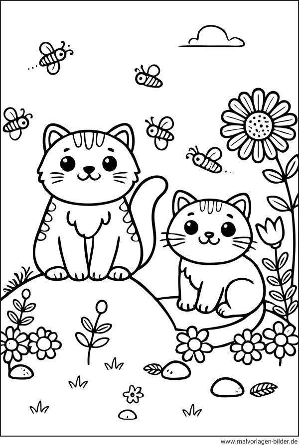 Malvorlage Katzen im Frühling in der Natur