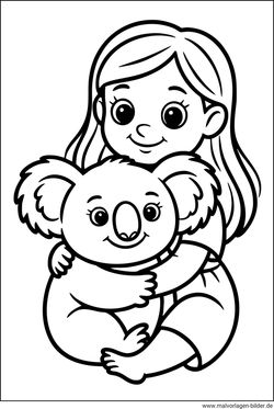 Ausmalbild Mädchen schmust mit einem Koala PDF zum Ausdrucken