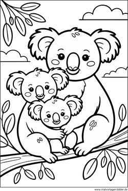 Koala Familie auf einem Baum Ausmalbild drucken