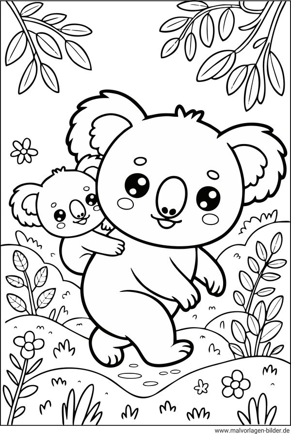 Koala Mama und Baby beim Wandern Ausmalbild