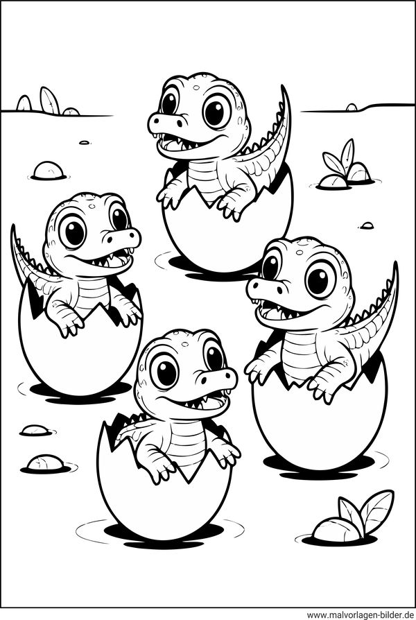 Ausmalbild Baby Krokodile im Ei beim Schlüpfen