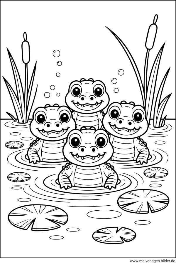 Ausmalbild kleine Krokodile im Wasser