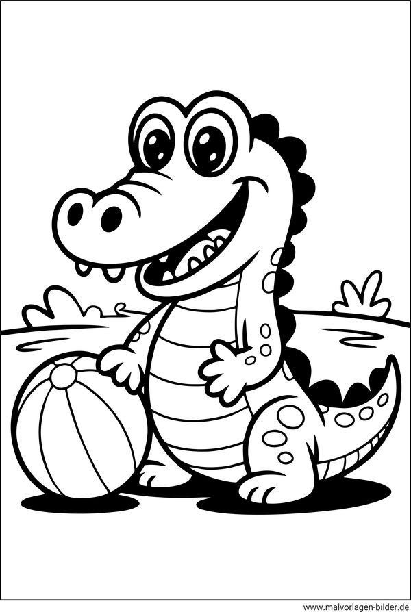 Krokodil spielt mit einem Ball Ausmalbild für Kinder