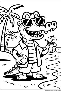 Krokodil Strand und Palmen Ausmalbild für Kinder