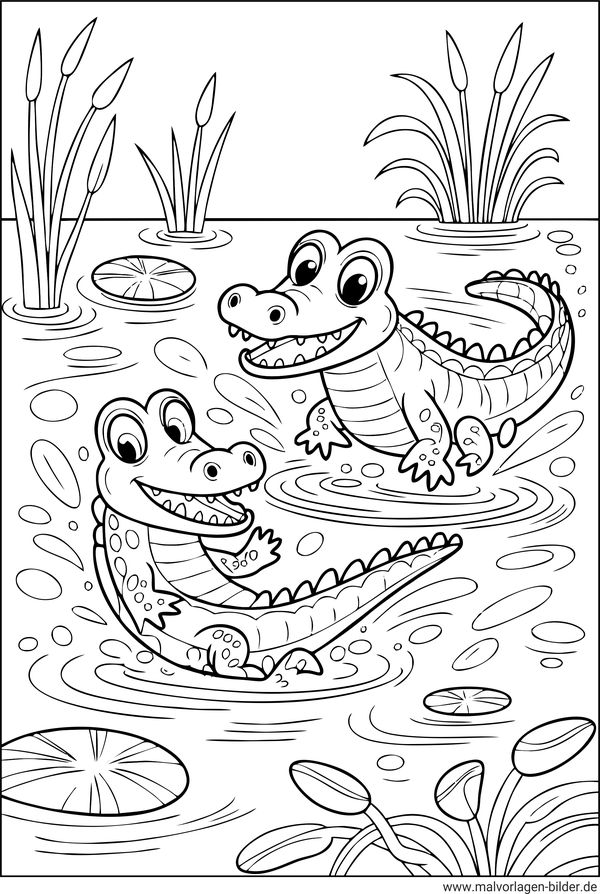 Krokodile spielen im Wasser Ausmalbild für Kinder