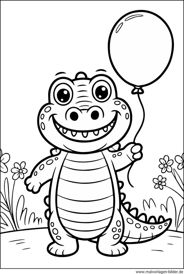 Lustiges Krokodil mit Luftballon Ausmalbild