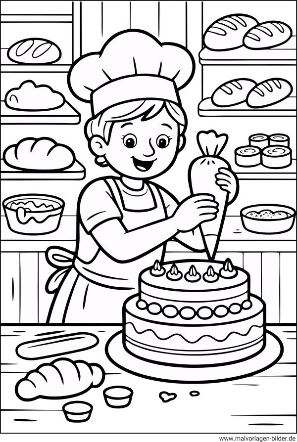 Ausmalbild Bäcker erstellt eine Torte