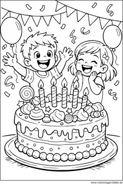 Ausmalbild Geburtskuchen zwei Kinder