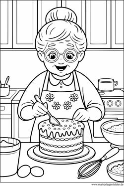 Ausmalbild Oma backt einen Kuchen