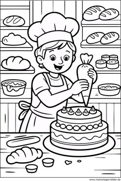 Bcker erstellt eine Torte Ausmalbild zum Ausdrucken