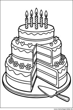 Geburtstagstorte schon angeschnitten Ausmalbild kostenlos