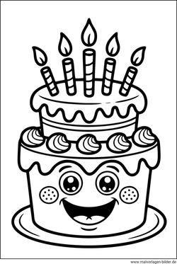Malvorlage Kuchen mit Gesicht und Kerzen