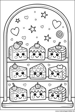 Neun Kuchenstücke als Ausmalbild ausdrucken