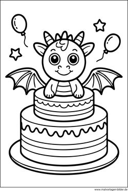 Torte mit einem kleinen Drachen Ausmalbild