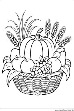 Ausmalbild Kürbis Obst Getreide in einem Korb