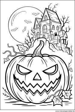 Kürbis Halloween Gruselhaus Ausmalbild kostenlos