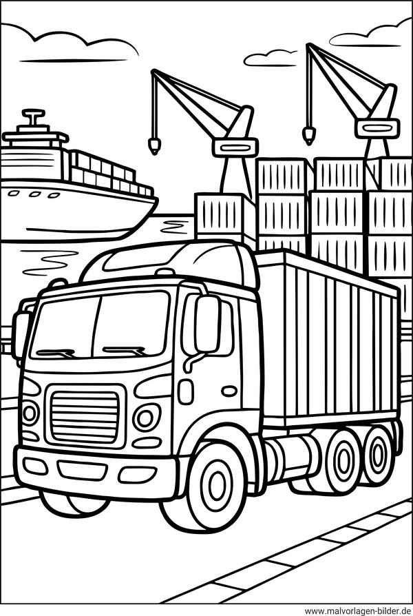 Ausmalbild LKW am Hafen