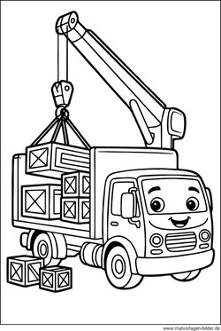 Ausmalbild LKW wird von einem Kran mit Kisten beladen