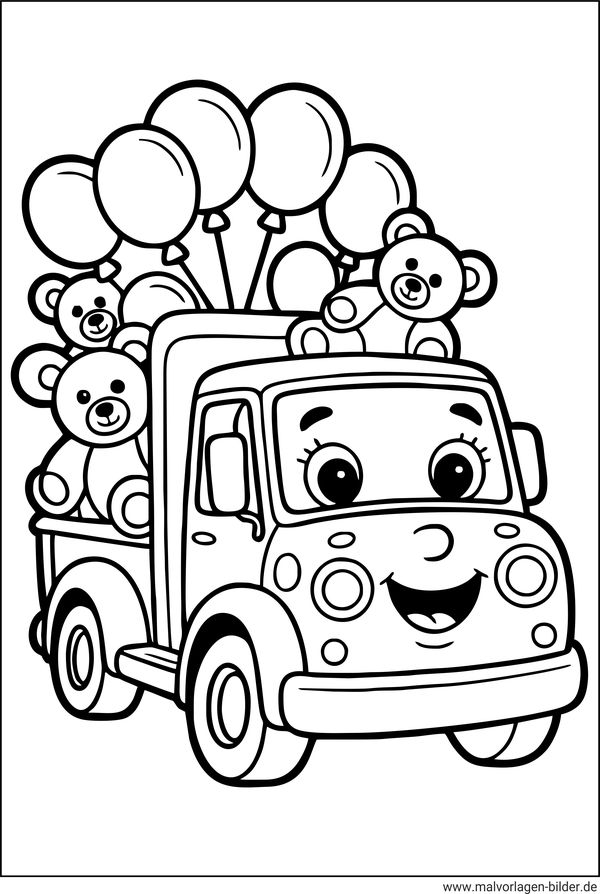 Ausmalbild LKW mit Teddybär und Luftballons