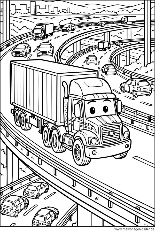 LKW auf der Autobahn Ausmalbild