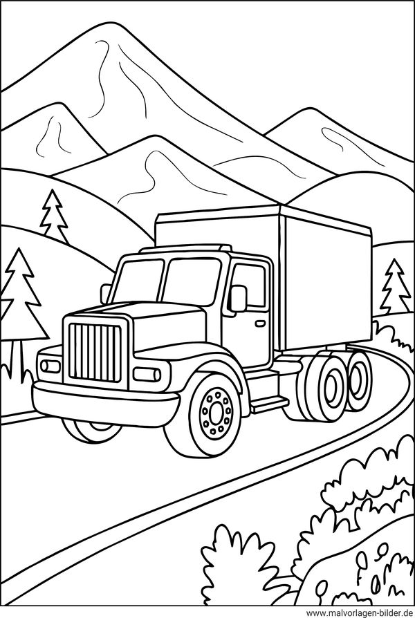 LKW in den Bergen Ausmalbild
