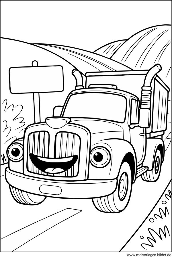 LKW mit Gesicht Ausmalbild für Kinder