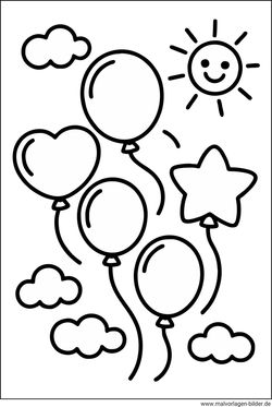 Ausmalbild Luftballons am Himmel und die Sonne