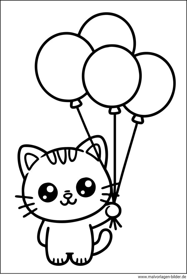 Ausmalbild Katze mit Luftballons