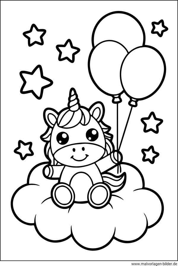 Einhorn mit Luftballons Ausmalbild für Kinder
