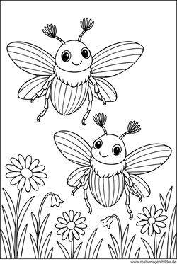 Zwei Maikäfer Blumen gratis Ausmalbild für Kinder