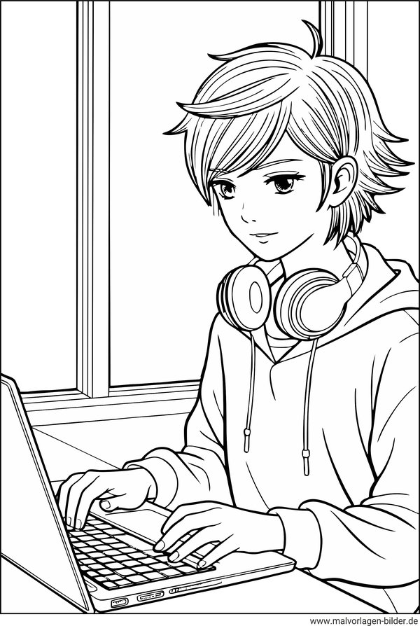 Teenager am Laptop Ausmalbild