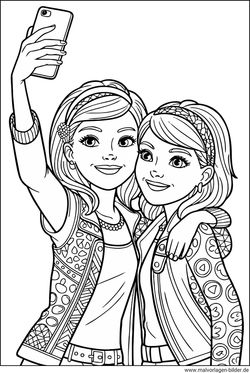 Zwei Mädchen machen mit ihrem Handy ein Selfie Ausmalbild