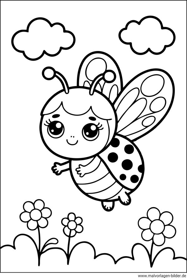 Ausmalbild kleiner Marienkäfer beim Fliegen
