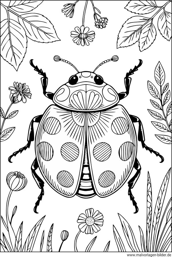 Marienkäfer in der Natur Ausmalbild für Erwachsene