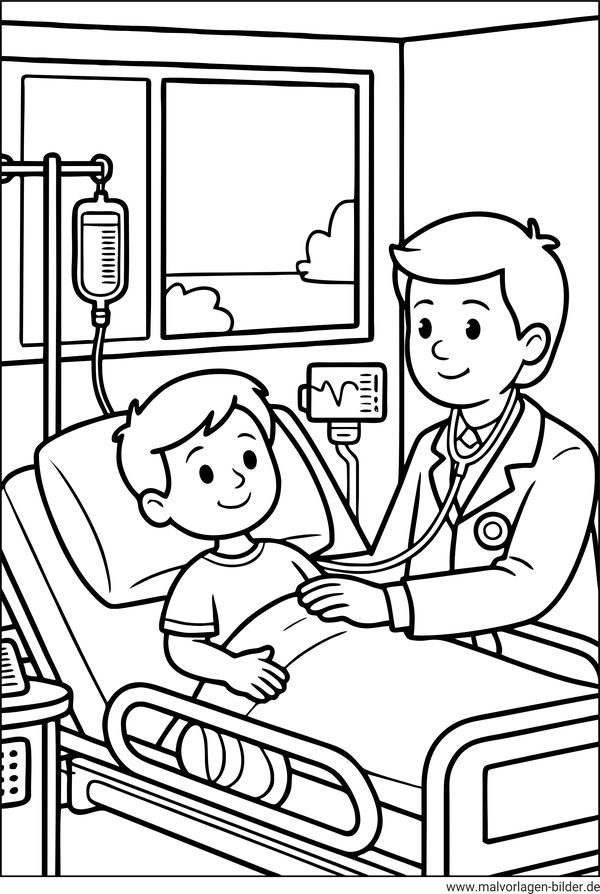 Ausmalbild Junge im Krankenhaus