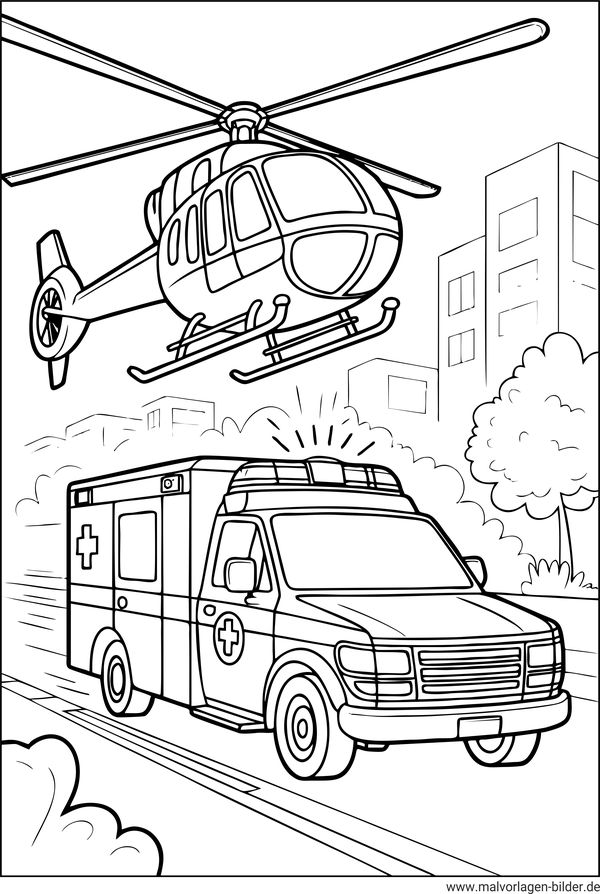 Ausmalbild Krankenwagen und Rettungshubschrauber