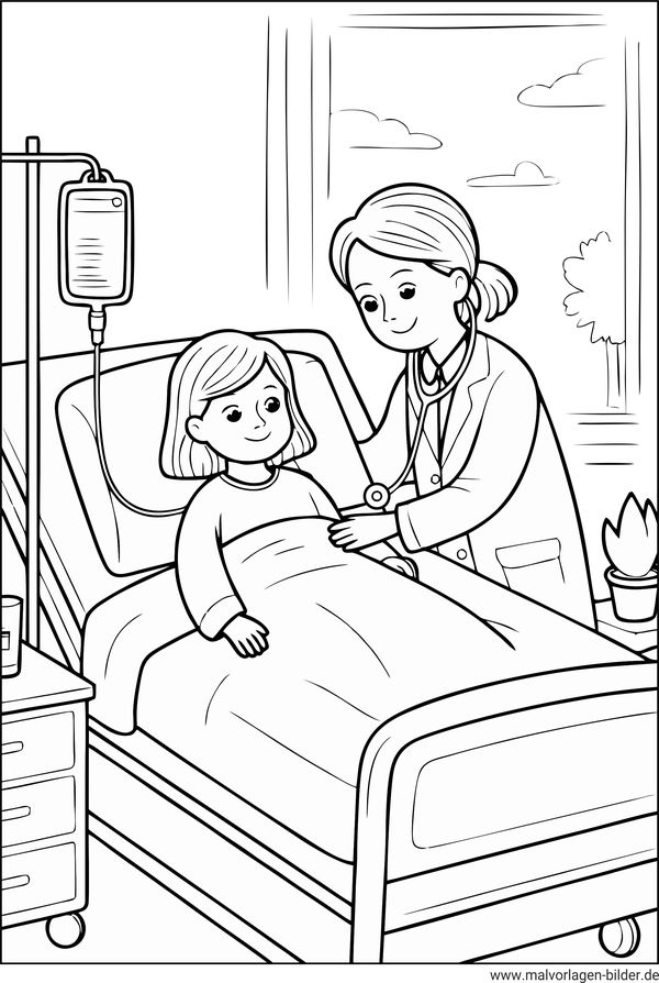 Ausmalbild Mädchen Untersuchung Krankenhaus