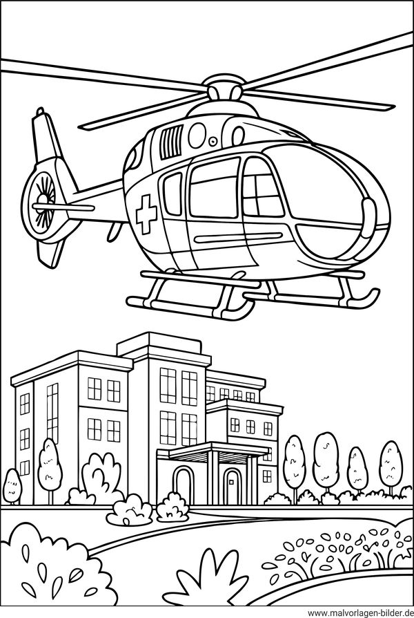 Ausmalbild Rettungshubschrauber Krankenhaus