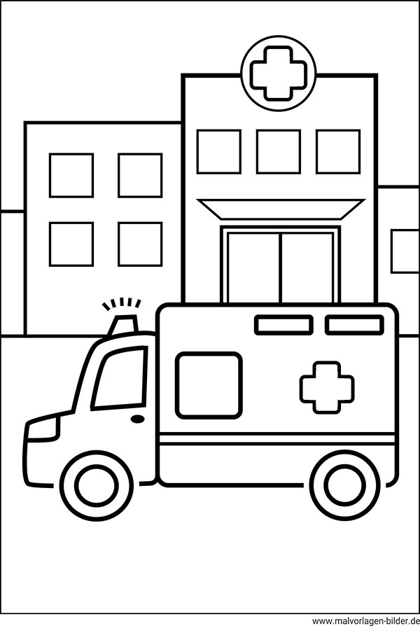 Krankenwagen und Krankenhaus kostenlose Ausmalbilder