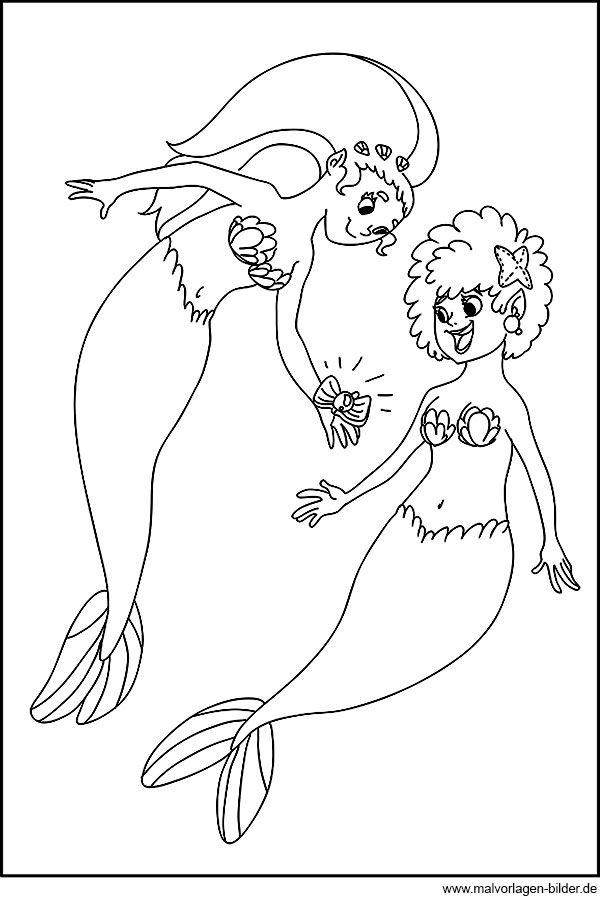 Zwei Meerjungfrau gratis Ausmalbild zum Download