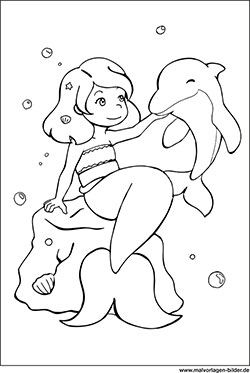 Meerjungfrau und Delfin als Malbild für Kinder