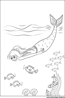 kostenloses Ausmalbild - Meerjungfrau und Fische
