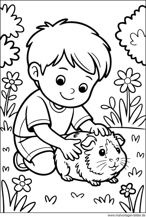 Ausmalbild Junge und sein Meerschweinchen