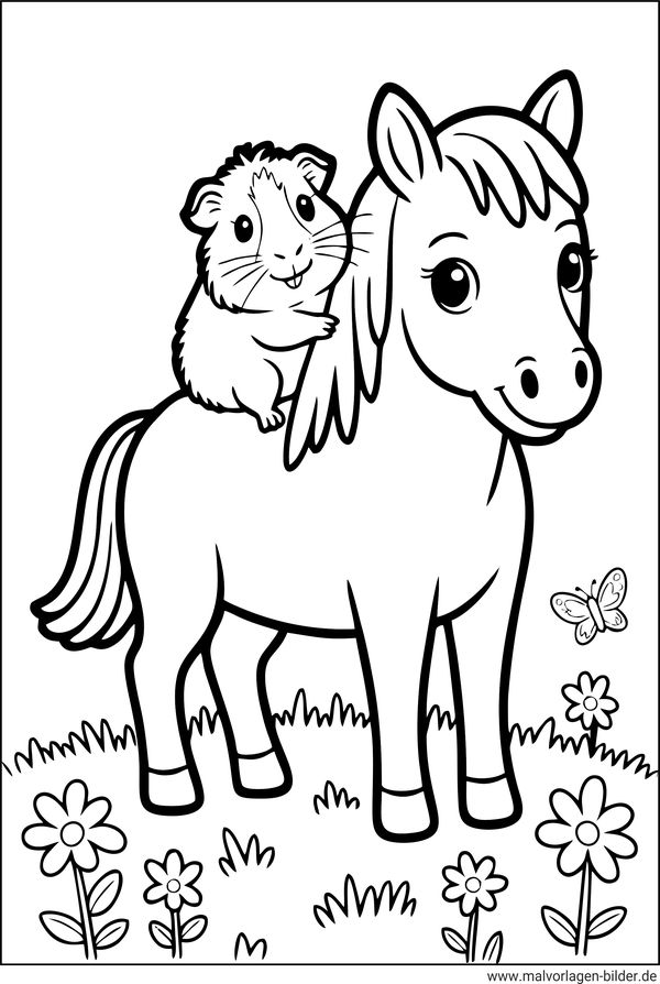 Ausmalbild Meerschweinchen auf einem Pferd