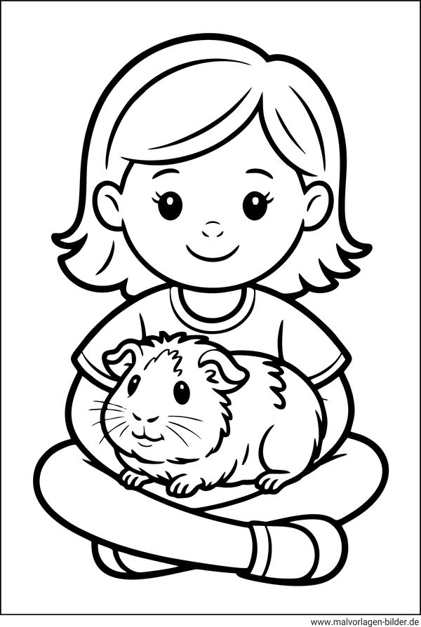 Mädchen hält ein Meerschweinchen im Arm Ausmalbild