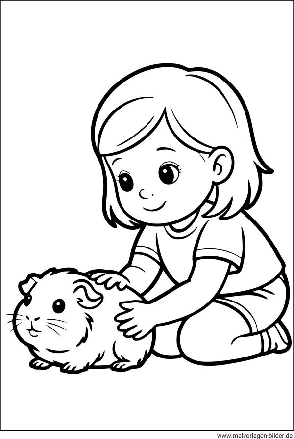 Mädchen streichelt ihr Meerschweinchen Ausmalbild
