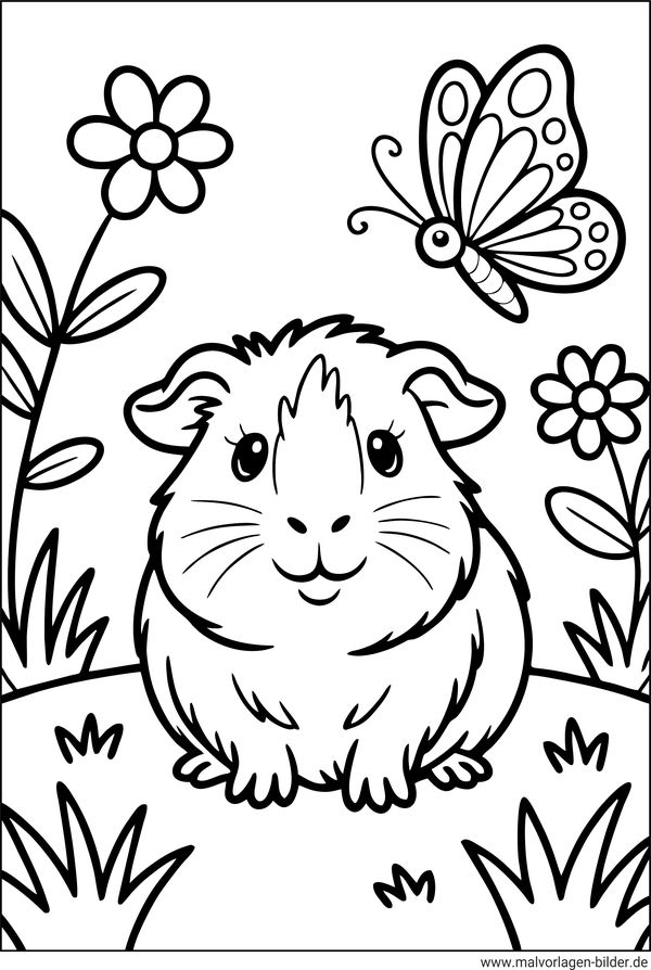 Meerschweinchen auf einer Blumenwiese Ausmalbild